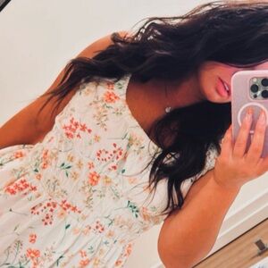 LOFT Floral White and Orange Maxi Dress w/ Pockets